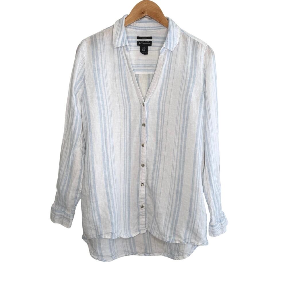 Jones New York 100% linen blue and white stripe button down shirt size medium